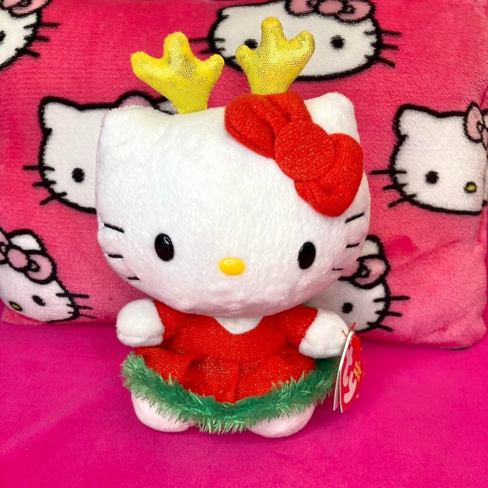 2014 Ty Beanie Boo Sanrio Hello Kitty Christmas Reindeer Festive Mini Plush